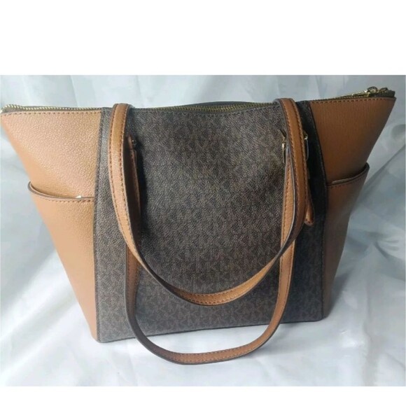 Michael Kors Charlotte Logo and Leather Top Zip Tote Bag~Brown - Picture 4 of 9